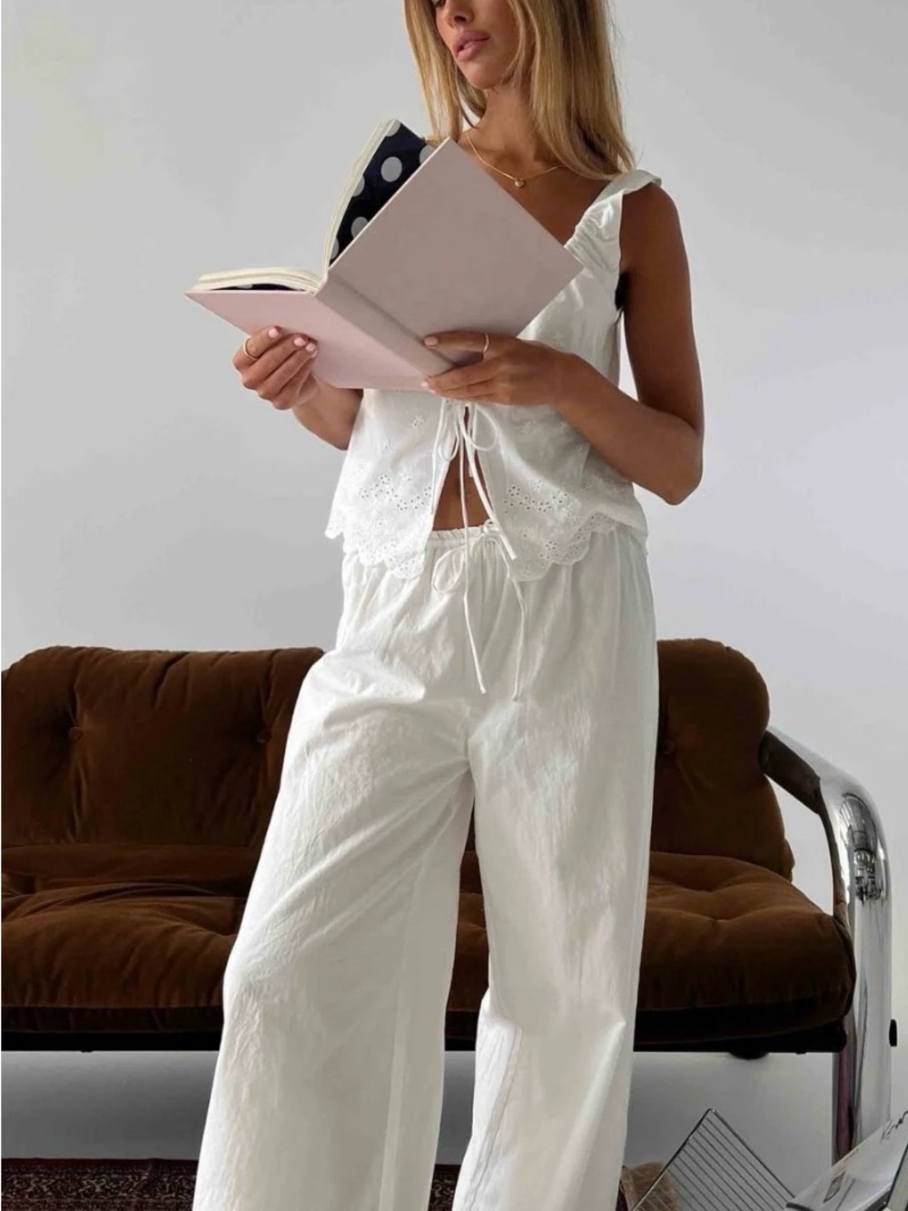 NWT Princess Polly Kissed Chaos Broderie Anglais Tie Waist Pants - White Eyelet